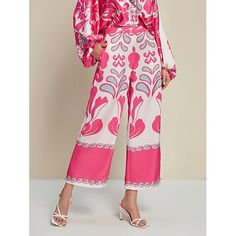 Season:Spring  Summer; Fabric:Satin; Look After Me:Machine wash; Gender:Women's; Style:Active,Cute,Elegant,Daily; Elasticity:Inelastic; Occasion:Casual Daily; Details:Only pants,Pocket; Fit Type:Loose Fit; Waistline:Mid Waist; Pattern:Plants,Floral; Design:Printing; Trends:Print,Elegant,Loose,Wide-legged; Pants Type:Loose,Culottes Wide Leg; Fly Type:Elasticity; Listing Date:07/16/2024; Production mode:External produce; Pattern Theme:Plants; Pants Length:Maxi; Print Type:Other Prints; Looseness:Loose Fit; Inclusion:Elasticated Waistband; Fabric Properties:LuxeSatin - Discover the essence of quiet luxury in our exclusive Subtly Glossy Luxe Satin, it is drapey and sleek like silk.; Brand:Brand: ADOR Pants Pocket, Pink Spring, Quiet Luxury, Pantalon Large, Womens Black Dress, Type Of Pants, Dress Cover, Pants Length, Women Trends