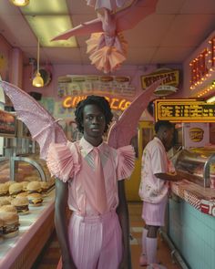 a woman standing in front of a donut shop with pink wings on her head