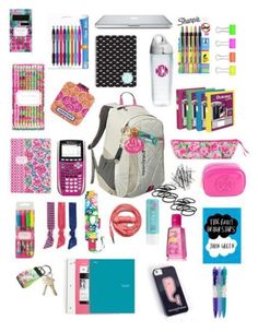 the contents of a back to school bag laid out on top of eachother