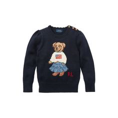 Dressed in signature style the intarsia-knit Polo Bear adds an adorable touch to this lightweight cotton sweater. Stockholm Aesthetic, Polo Bear Ralph Lauren, Oversized Tshirt Outfit, Bear Flag, Flag Sweater, Puffed Long Sleeves, Bear Sweater, Girls Jumpers, Cotton Jumper