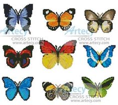 cross stitch butterflies are shown in different colors