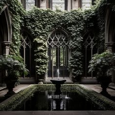 Gorgeous fountain in a Victorian Gothic patio. Victorian Home In The Woods, Gothic Atrium, Modern Victorian Gothic Decor, Goth Patio, Victorian Homes Gothic, Gothic Garden Aesthetic, Gothic Home Exterior