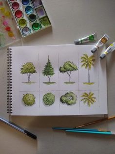 an artist's workbook with watercolors and pencils on the table