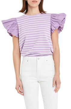 Dramatic ruffle sleeves boldly frame this chic stripe top that will stand out as the focal point of any look. 24" length (size Medium) Crewneck Cap sleeves 95% cotton, 5% spandex with 100% cotton contrast Hand wash, dry flat Imported Chic Short Sleeve Tops With Striped Sleeves, White Vertical Stripes Top For Spring, White Tops With Vertical Stripes For Spring, Chic White Tops With Striped Sleeves, Spring Striped Ruffle Tops, Spring Striped Ruffled Tops, Chic Cotton Tops With Striped Sleeves, Trendy Top With Striped Sleeves For Spring, Trendy Tops With Striped Sleeves For Spring