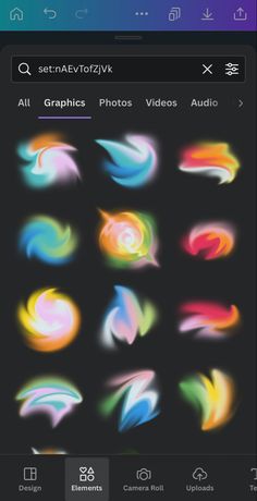 an iphone screen showing the icons for different colors and shapes, including swirls on black background