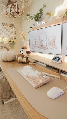 a desk with two computer monitors and a keyboard on it, in front of a teddy bear