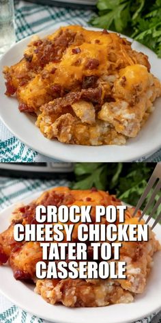 two white plates topped with cheesy chicken tater tot casserole