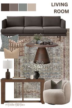 Modern Transitional living room decor mood board with a brown sofa and a cream swivel accent chair! This living room design features brown, rust, and pops of teal blue Grey With Brown Living Room, Dark Brown Chairs Living Room, Charcoal Couch Mood Board, Organic Modern Living Room Dark Grey Couch, Dark Brown Furniture Living Room Decor Interior Design, Grey Couch Transitional Living Room, Decorating With Dark Grey Couch, Brown And Grey Decor, Browns And Black Living Room