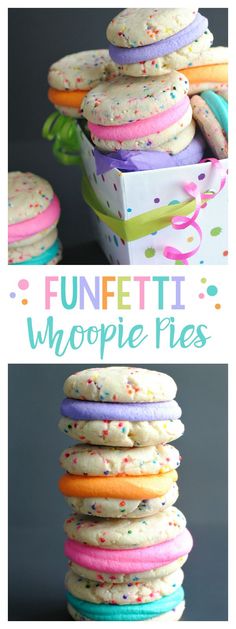 an assortment of colorful cookies and pastries in different shapes and sizes, with the words funfetti whoppie pies above them