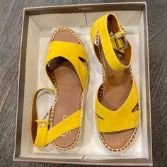 These Sandals Are A Beautiful Shade Of Yellow With Ankle Straps That Make Your Feet Look Amazing. The Bed Of The Shoe Is Also Very Soft And Cushiony. The Heel Height Is 2-1/4” With A Base Height Of 1”. These Are Size 9 But Fit More Like A 9.5/10. Suede Open Toe Espadrilles With Cushioned Footbed, Chic Suede Espadrilles For Vacation, Suede Flat Heel Espadrilles For Vacation, Trendy Leather Slip-on Espadrilles, Chic Suede Open Toe Espadrilles, Chic Yellow Leather Wedge Sandals, Chic Suede Espadrilles With Flat Heel, Casual Leather Wedge Heel Espadrilles, Chic Suede Espadrilles