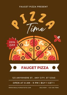 a flyer for a pizza party with the words faucet pizza time on it