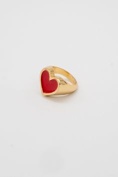 PRODUCT DESCRIPTION Handmade. Tarnish Resistant. SIZE Wide. MATERIAL 24K Gold-bonded over Brass. Enamel colors. Hypoallergenic. DESIGNER NOTE This handmade Heart Ring will be the perfect statement piece to make you stand out this season. The bold red and bright gold combination completes any day or night look! STYLE TIP: Stack our Heart Ring with our Shiny initial Rings to show off your stack! Red Heart Ring, Heart Signet Ring, Heart Shape Ring, Initial Rings, Accessorize Jewellery, Color Mood, Gold Bond, Heart Shaped Rings, Handmade Heart