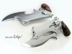 two knives are laying next to each other on a white surface with the words collin edge written below them