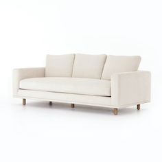 Dom Sofa 85" Angled View UCEN-02305-826P Wood Sofa, Kathy Kuo Home, Guest Rooms, Four Hands, Burke Decor, Engineered Hardwood, Upholstered Sofa, Classic White, Wood Legs