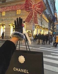 a person holding up a shopping bag in front of a building with christmas decorations on it