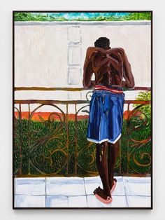 a painting of a man standing on a balcony