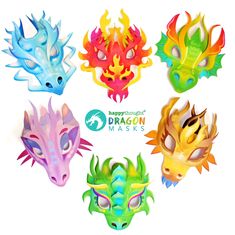 six dragon masks with different colors and shapes