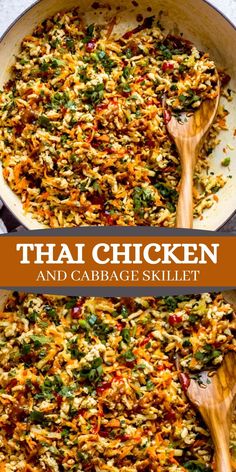 thai chicken and cabbage skillet is shown in two separate pans with the same side