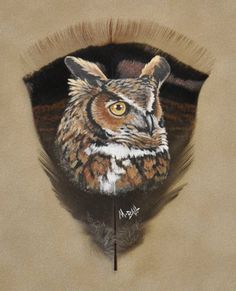 an owl's head is painted on the side of a feathered object with brown and white feathers