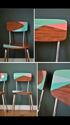 four different pictures of chairs with wood and paint on them