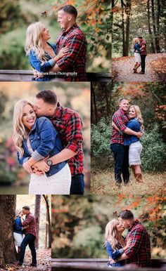 an engaged couple hugging in the woods during their fall engagement photo shoot by person, photographer