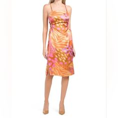 Gorgeous Satin Dress In Sunset Purple And Orange Hues. Super Comfy And New With Tags! Shown On A Size Xs, Fits Tts. Pink Knee-length Midi Dress For Date Night, Pink Sheath Mini Dress For Brunch, Pink Sheath Dress For Spring, Pink Sheath Mini Dress For Summer, Sunset Purple, Side Cutout Dress, Satin Halter Dress, Orange Midi Dress, Orange Floral Dress