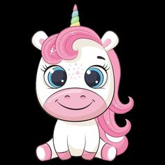 a cartoon unicorn with pink hair and blue eyes