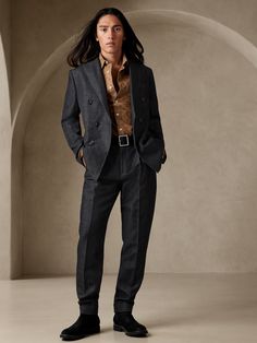 A modern marvel, this double-breasted suit jacket is cut from a rich twill combining all-weather wool and beautiful, naturally breathable linen that mimics the versatility and authentic hue of real denim.  TAILORED SLIM FIT: More relaxed than our Sli Slim Fit Fall Suits For Tailoring, Fall Slim Fit Blazer With Lapel Collar, Fall Single Breasted Slim Fit Suit, Fall Slim Fit Single Breasted Suit, Fall Slim Fit Suits For Tailoring, Double-breasted Semi-formal Fall Blazer, Business Casual Suits With Suit Collar For Fall, Tailored Fall Sport Coat For Semi-formal Occasions, Slim Fit Blazer With Button Closure