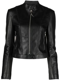 Roberto Cavalli Band Collar Leather Jacket - Farfetch Collar Leather Jacket, Leather Jacket Black, Band Collar, Roberto Cavalli, Blazer Coat, Outerwear Jackets, Calf Leather, Fashion Branding, Leather Jacket