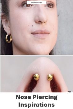 the nose piercing instructions are shown in two different pictures, one with gold studs on it