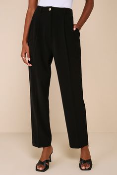 Leave everyone in awe of your posh presence in the Lulus Sophisticated Company Black Straight Leg Trouser Pants! These chic pants keep things classy with their flat woven composition and high-waisted fit, complete with belt loops, a tortoise top button closure, and a hidden zip fly. The straight pant legs feature light pleating, side seam pockets, and decorative welt pockets at the back before ending at tailored, ankle-length hems. Elastic at back for fit. Fit: This garment fits true to size. Le Chic Black Semi-formal Pants, Chic Tailored Semi-formal Dress Pants, Elegant Black Wide Leg Pants For Office, Chic Tailored Dress Pants For Semi-formal Occasions, Black High Waist Semi-formal Bottoms, Chic Straight Dress Pants For Formal Occasions, Elegant Black Bottoms For Business Casual, Formal Black Dress Pants With Elastic Waistband, Semi-formal High Waist Black Bottoms