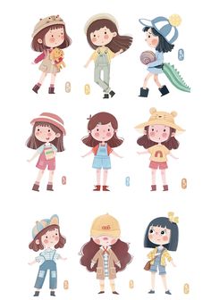 children's illustrations with different types of clothes and hats, all in cartoon style