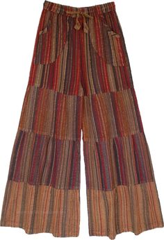 A pair of brown-toned cotton wide-leg pants is the summer essential for the year.  With a drawstring waist, these pants ensure absolute comfort. #tlb #SplitSkirtsPants #WideLegCulottes #Patchwork #Striped #BohemianPants Wide Leg Hippie Pants, Hippie Brown Bottoms For Fall, Brown Wide Leg Hippie Bottoms, Hippie Style Wide Leg Brown Bottoms, Hippie Style Brown Bottoms For Spring, Brown Relaxed Fit Pants For Vacation, Brown Bottoms For Fall Vacation, Summer Brown Harem Pants With Loosely Fitted Hips, Hippie Brown Bottoms With Elastic Waistband