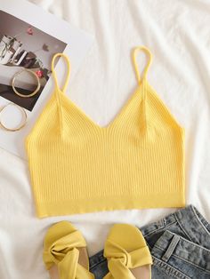 Yellow Casual Collar Sleeveless Viscose Plain  Embellished High Stretch Summer Women Knitwear Preppy Shein, Crop Top Tank Tops, Clothes For Teenagers, Twin Outfit, Shein Stuff, Cotton Lace Tops, Middle School Ideas, Crochet Summer Dresses, Belly Shirts