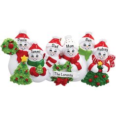 a group of snowmen with names on them