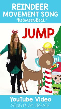 a woman standing in front of a christmas scene with the words, reindeer and elf on it