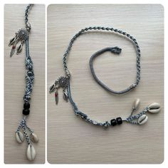 two pictures of different necklaces with beads and charms on the same string, one is black and white