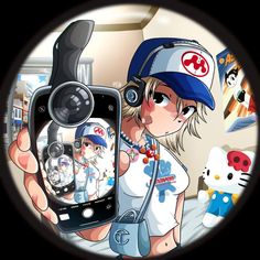 a person holding a cell phone in front of a cartoon character with headphones on