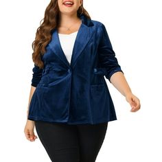 Easy to show off your slim curves and elegant style. Lightly tailored, classic cut blazer in luxurious stretch velvet to match different clothing styles. Women's velvet blazer jacket featuring one button closure, notched lapel, two patch pockets, long sleeve, and solid color. A work-wear casual blazer that's sleek enough for your office time. The notch panel detail is yet breathable enough to take to happy hour. It's constructed from a notched panel and a peplum waist that defines your outfit wi Plus Size Peplum, Cut Blazer, Casual Work Wear, Work Blazer, Plus Size Blazer, Blazer Jackets For Women, Plus Size Winter, Plus Size Coats, Work Jacket