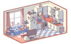 an illustrated view of a kitchen and living room