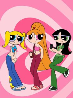 the powerpuff girls are talking to each other in front of a pink background