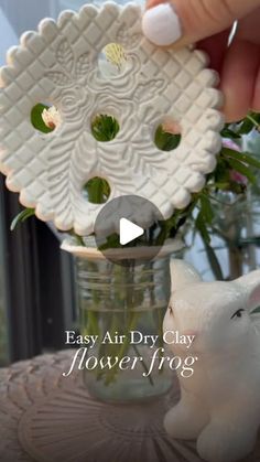 Erin Berkyto | 🪴Garden Fresh Inspiration🪴 on Instagram: "💐🫙👉 Easily turn any jar into a vase with a homemade flower frog!

You will need:

* air dry clay 
* rolling pin
* Skewers for even rolling
* And embossed rolling pin for a pattern 
* A straw to cut holes for the flower stems 
* A cookie cutter for the desired size of the flower frog 
* Sealant for the clay (I use dishwasher safe mod podge)

Here’s how to do it:

1. Roll the clay flat
2. Use an imprinted roller, if desired
3. Cut the clay with the cookie cutter and leave in place
4. Cut the holes with the straw
5. Remove the excess clay, and then the cut cutter
6. Allow clay to fully dry I placed mine on top of a glass bowl for a concave shape
7. You can use a dehydrator to speed up the drying process
8. Seal the clay with your @