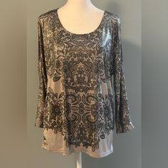 Inc International Concepts Nwot S Cold Shoulder Top: Silver Sheen With Bohemian Type Pattern In Black Metallic Stretch Elegant Tops, Elegant Metallic Stretch Top, Silver Shimmer Long Sleeve Top, Silver Stretch Top For Fall, Casual Silver Sequined Tops, Elegant Black Shimmer Tops, Elegant Silver Shimmer Tops, Cold Shoulder Top, Inc International Concepts