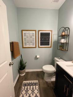 a bathroom with two pictures on the wall and a rug in front of the toilet