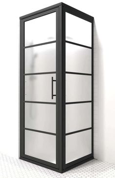 a black and white door is in the middle of a tiled flooring area with a wall behind it