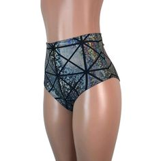 Our classic high waist hot pants with scrunch ruching detail in back to offer a "cheekier" look. These hot pants are made of stretchy silver holographic glass pane spandex and sit high on your natural waist. Wear as a bikini bathing suit bottom, panties, rave shorts, running shorts, etc. They have a built in liner and are made to be flattering to your figure. Stretch Rave Shorts For Party, Stretch Rave Party Shorts, Rave Party Shorts With Stretch, Metallic Stretch Disco Shorts, Fitted Shiny Metallic Bottoms, Fitted Metallic Shiny Bottoms, Shiny Stretch Bottoms For Summer, Shiny Fitted Shorts For Party, Metallic Shiny Bottoms For Club