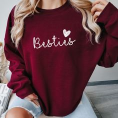 The perfect sweater for all best friends, bff, best friends for ever. A nice gift for Christmas or birthday. Best friend goals, soul sisters. besties sweater, best friend gift, girl besties sweater, bff gifts, best friend birthday gift, christmas best friend gift, sisters sweater ♥ PRODUCTION TIME: 1-5 days (Usually 2-3 days) ♥ SHIPPING TIME: 2-5 days (Usually 3 days) Weekends are not business days. Shipping and processing are two different time frames. ♥PRODUCT DESCRIPTION: The sweatshirt made Trendy Letter Print Sweatshirt As Gift, Personalized Fall Sweatshirt For Gift, Casual Sweatshirt As Gift, Cute Long Sleeve Sweater For Gift, Christmas Best Friend, Gifts Best Friend, Best Friend Birthday Gift, Perfect Sweater, Friend Birthday Gift