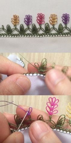 two pictures showing the process of stitching flowers