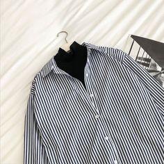 Style: commuting Size: one size Color: blue, black Black Shirt With Vertical Stripes For Spring, Oversized Long Sleeve Shirt With Striped Collar, Black Long Sleeve Blouse With Striped Collar, Casual Black Blouse With Vertical Stripes, Black Casual Blouse With Vertical Stripes, Black Long Sleeve Blouse With Vertical Stripes, Black Collared Blouse With Striped Collar, Black Blouse With Striped Collar, Womens Long Sleeve Shirts