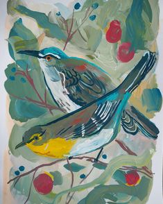 a painting of two birds sitting on top of a tree branch